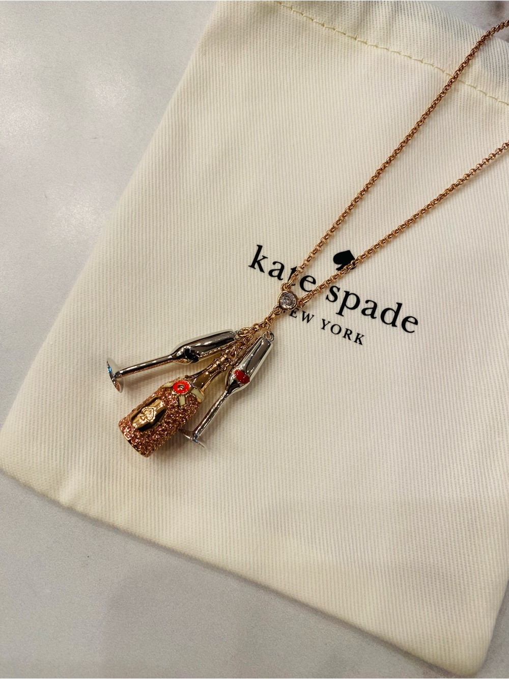 KATE SPADE Make Magic Gold Champagne Bottle & Glasses Necklace